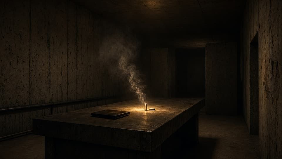 Dark concrete room and warm light on a table