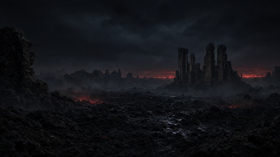 Night field and stone ruins in red light