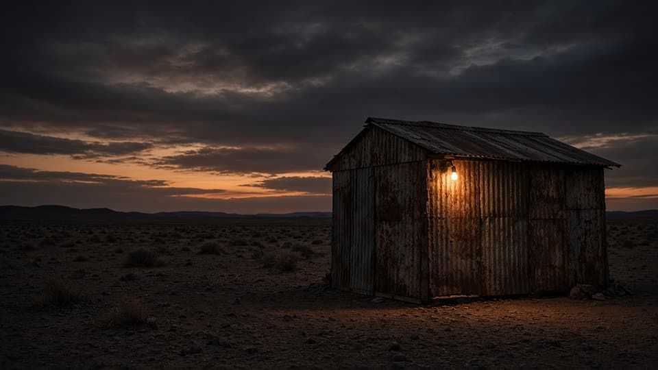 Rusted shack in a desert at dusk