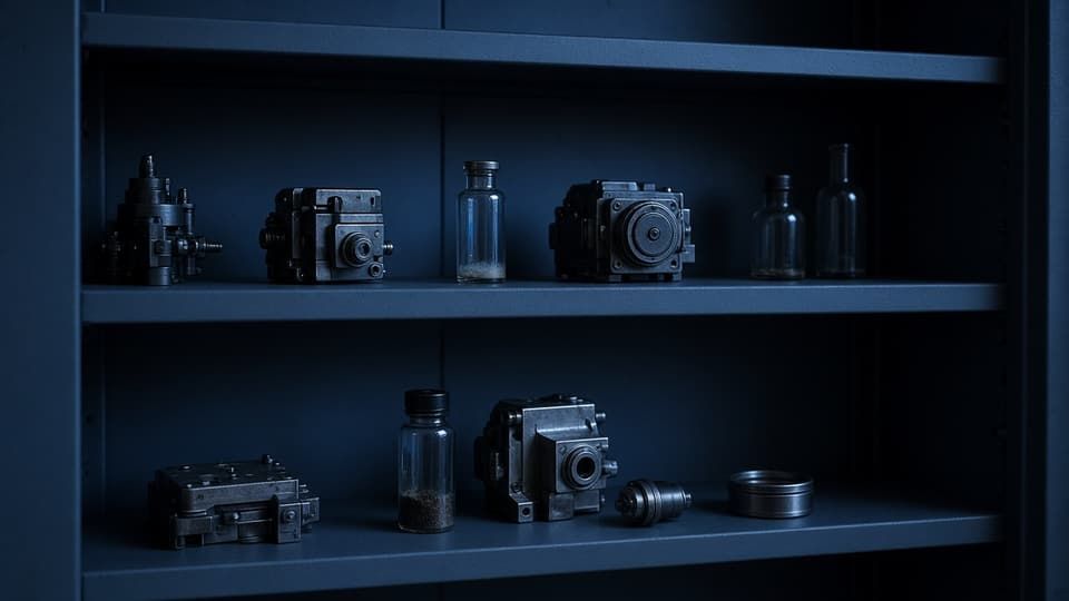 Blue shelf of small mechanical objects