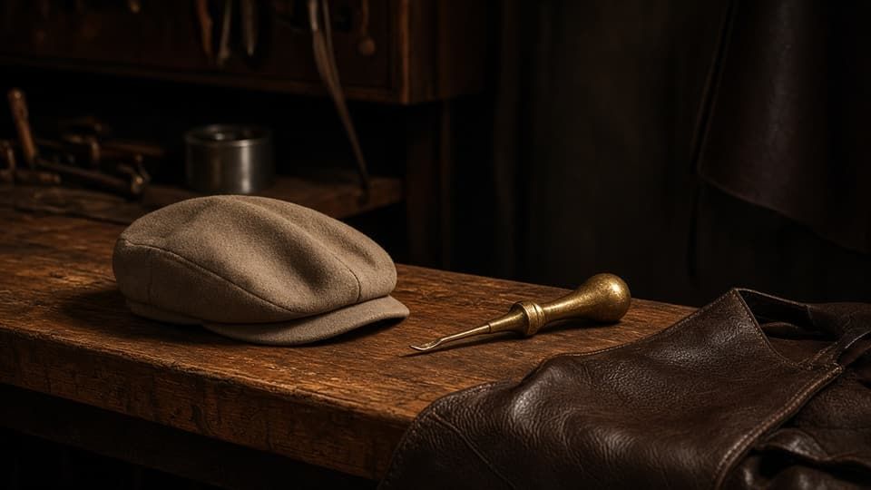Workshop: a cap and a tool on a wooden bench
